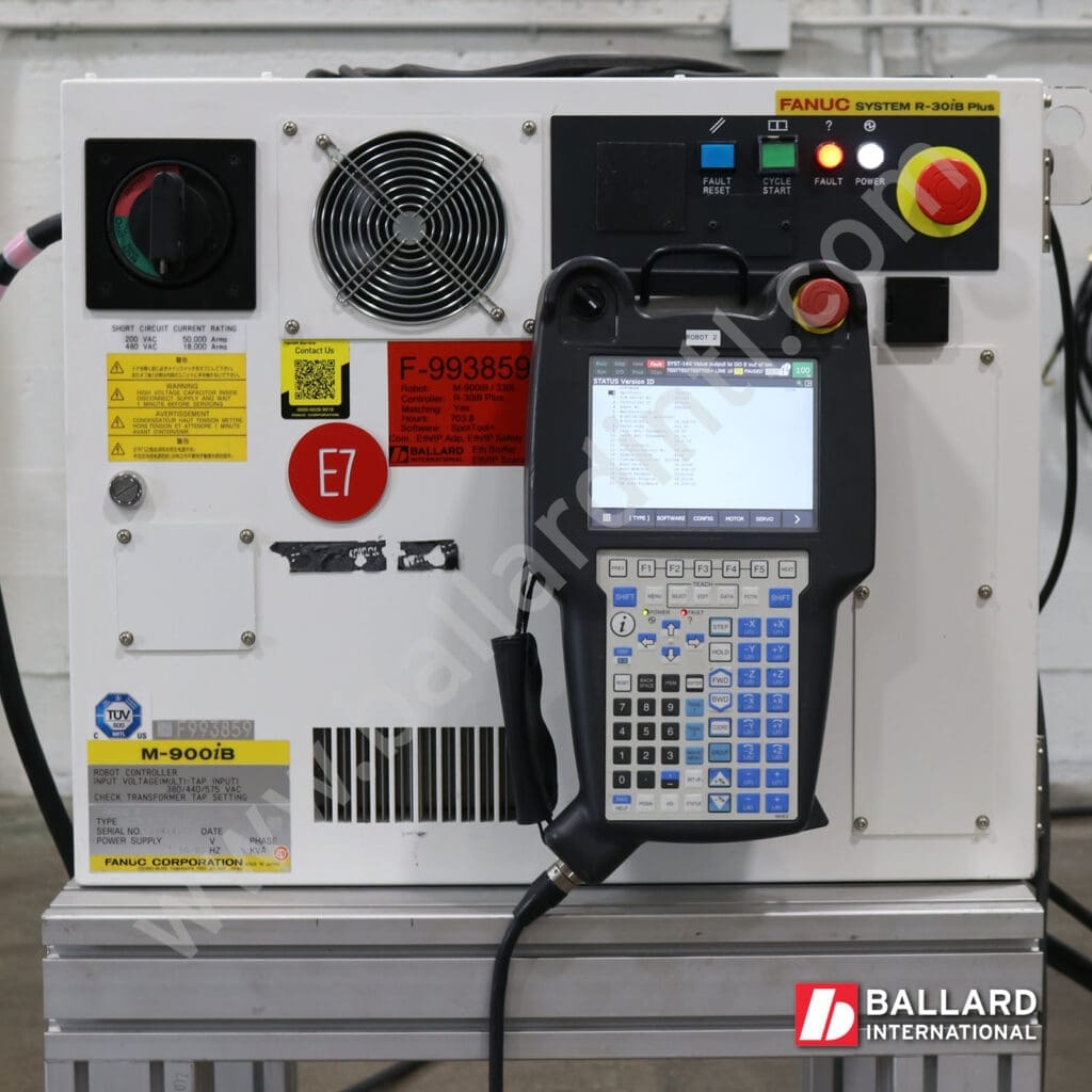 FANUC R-30iB Plus controller with teach pendant under power, complete used industrial robot system F993859