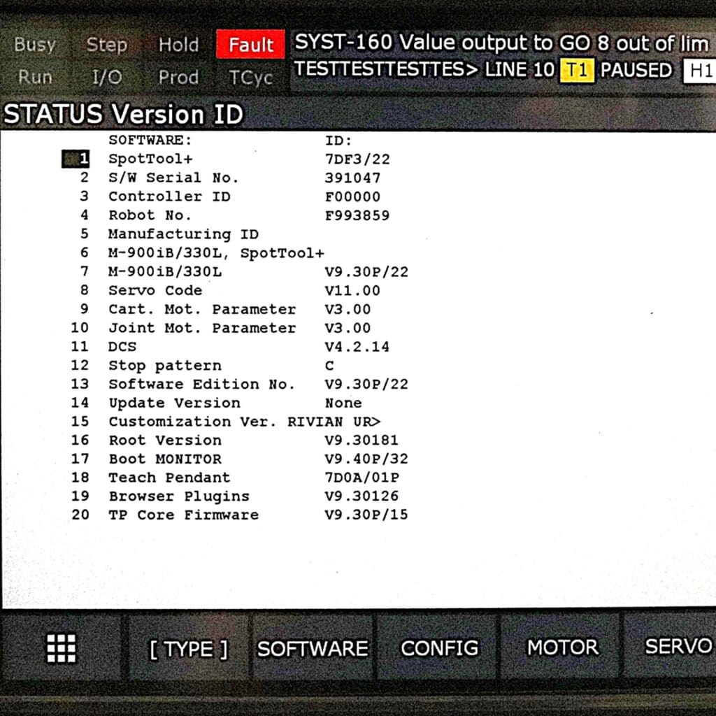 FANUC M-900iB/330L complete robot system teach pendant display under power with SpotTool+ software options F993859