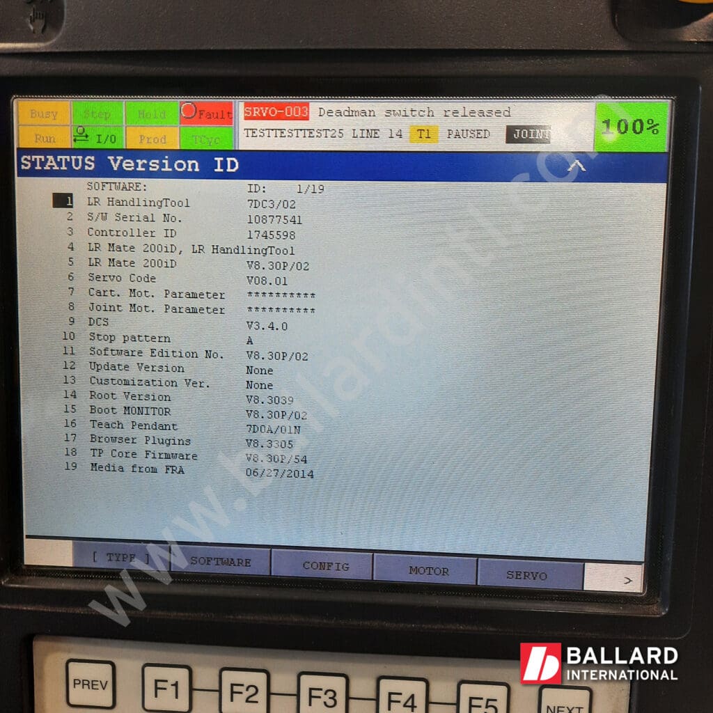 FANUC LR Mate 200iD LR HandlingTool key software options list display under power F154231
