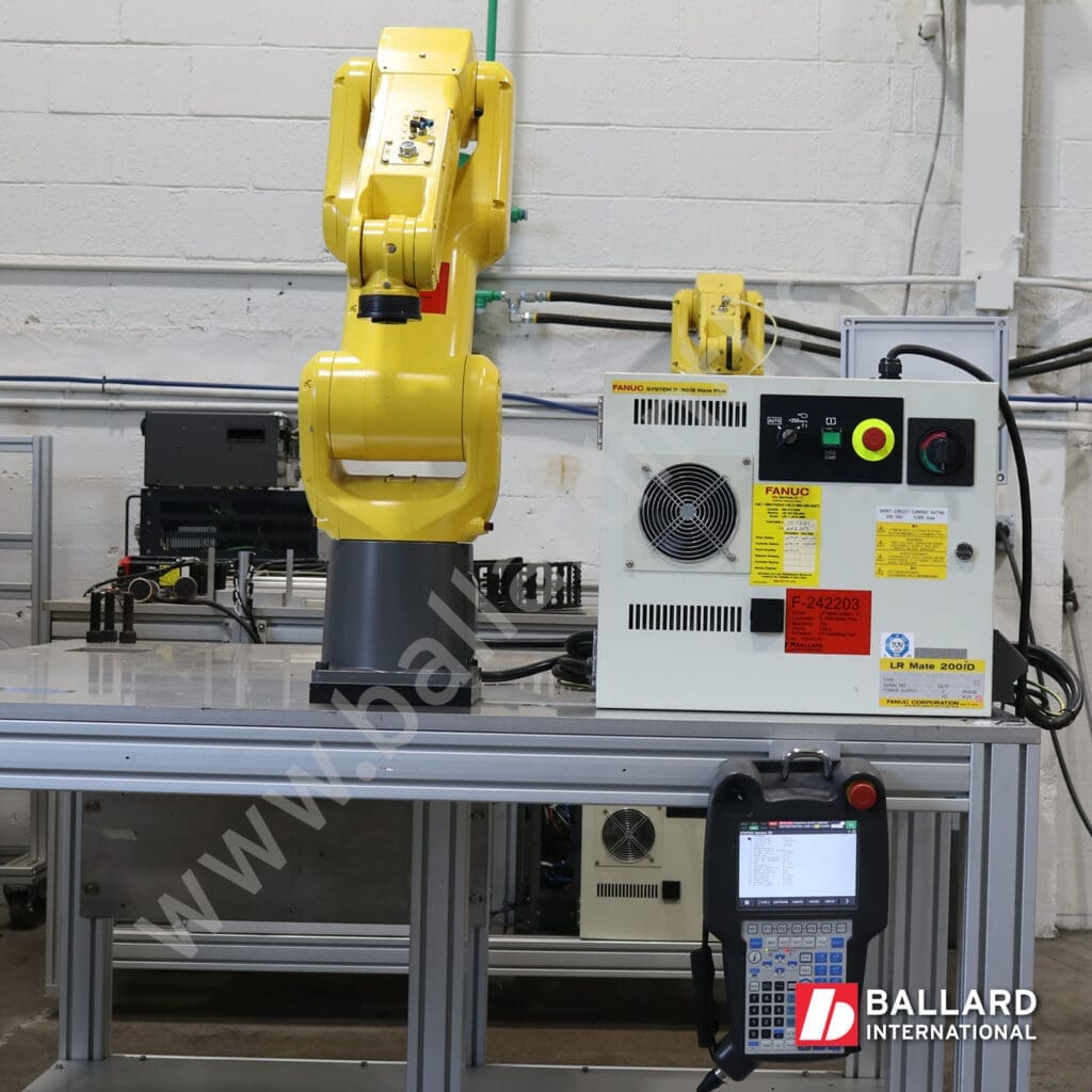 FANUC LR Mate 200iD/7L with R30iB Mate Plus and teach pendant under power, complete used industrial robot system F242203