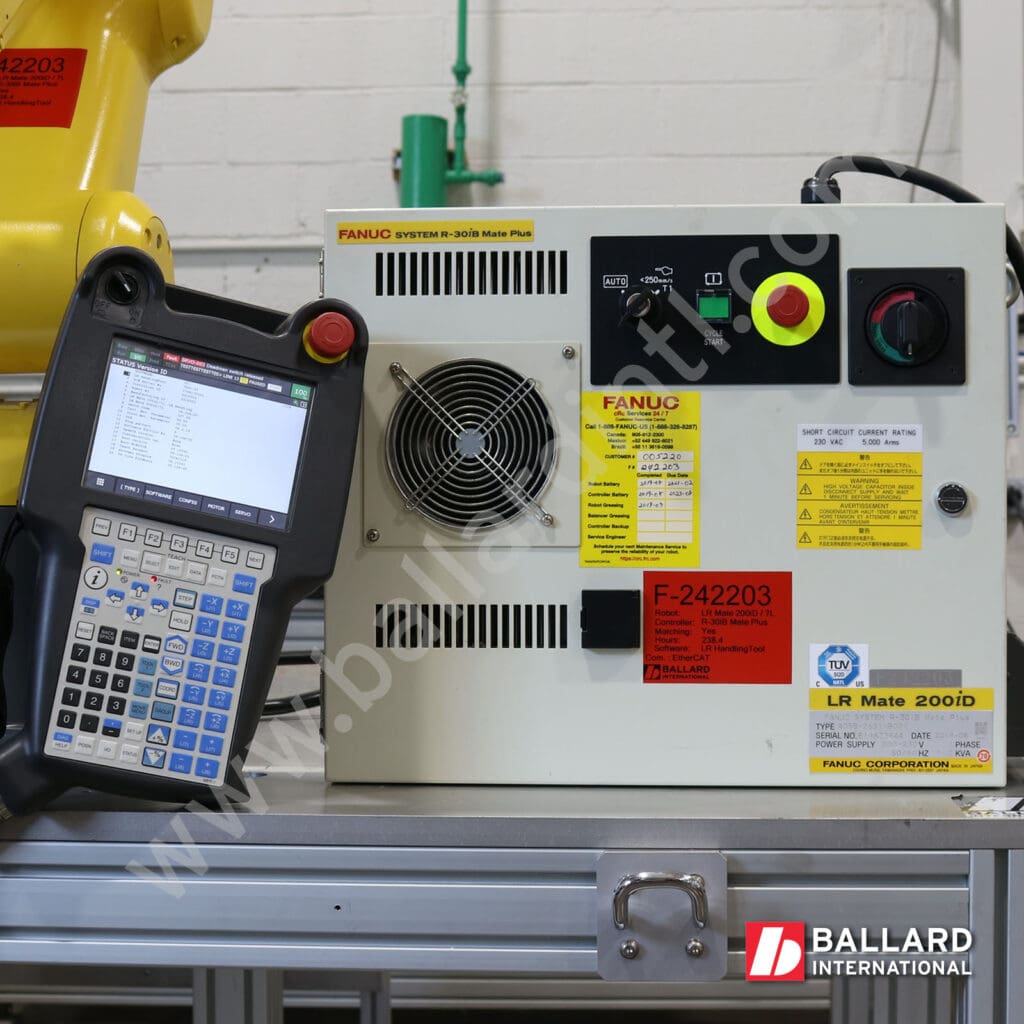 FANUC LR Mate 200iD/7L with R30iB Mate Plus and teach pendant under power, complete used industrial robot system F242203