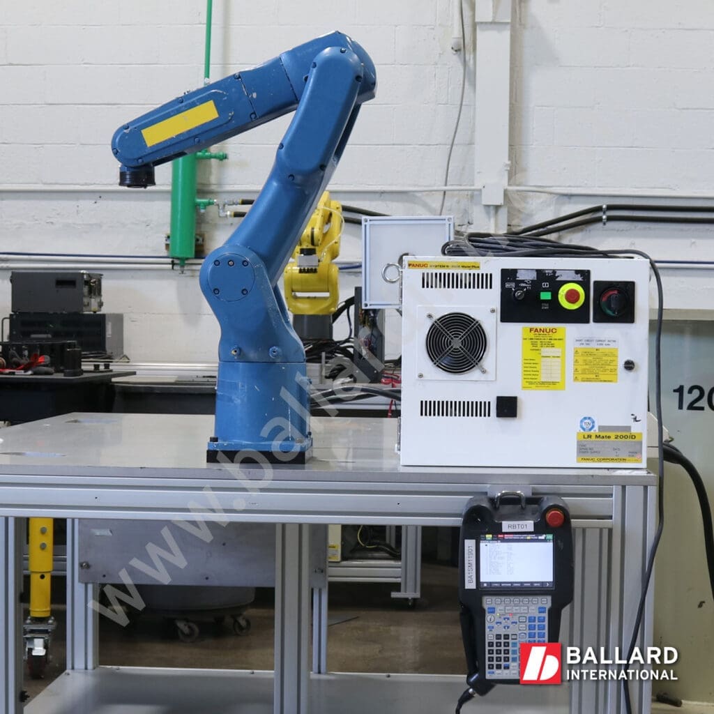 FANUC LR Mate 200iD 7L used industrial robot with R30iB Mate Plus Controller Cabinet Teach Pendant and Cables left facing