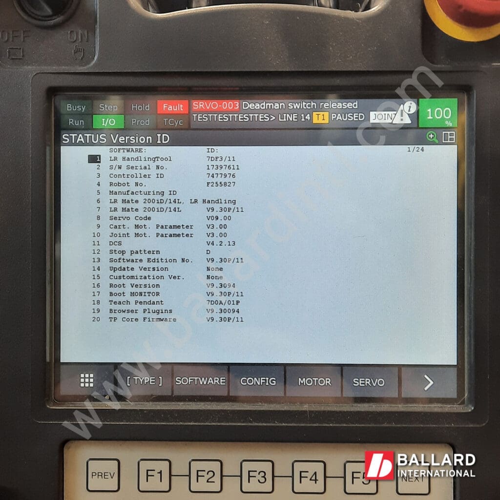 FANUC LR Mate 200iD/14L teach pendant under power LR HandlingTool software options display for LR Mate 200iD/14L complete used industrial robot system with R30iB Mate Plus F255827