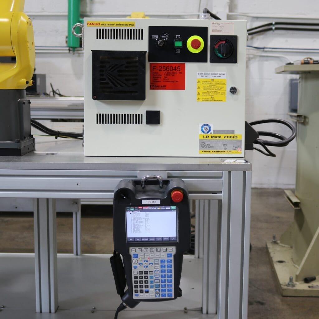 FANUC R30iB Mate Plus Controller for used industrial robot LR Mate 200iD/14L under power with teach pendant F256045