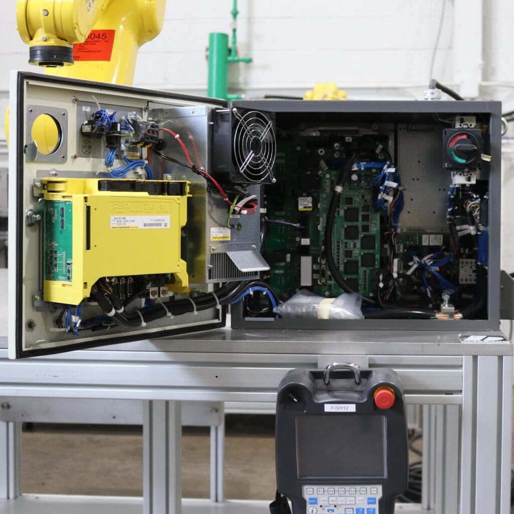 FANUC R30iB Mate Plus Controller for used industrial robot LR Mate 200iD/14L inside view off power F256045