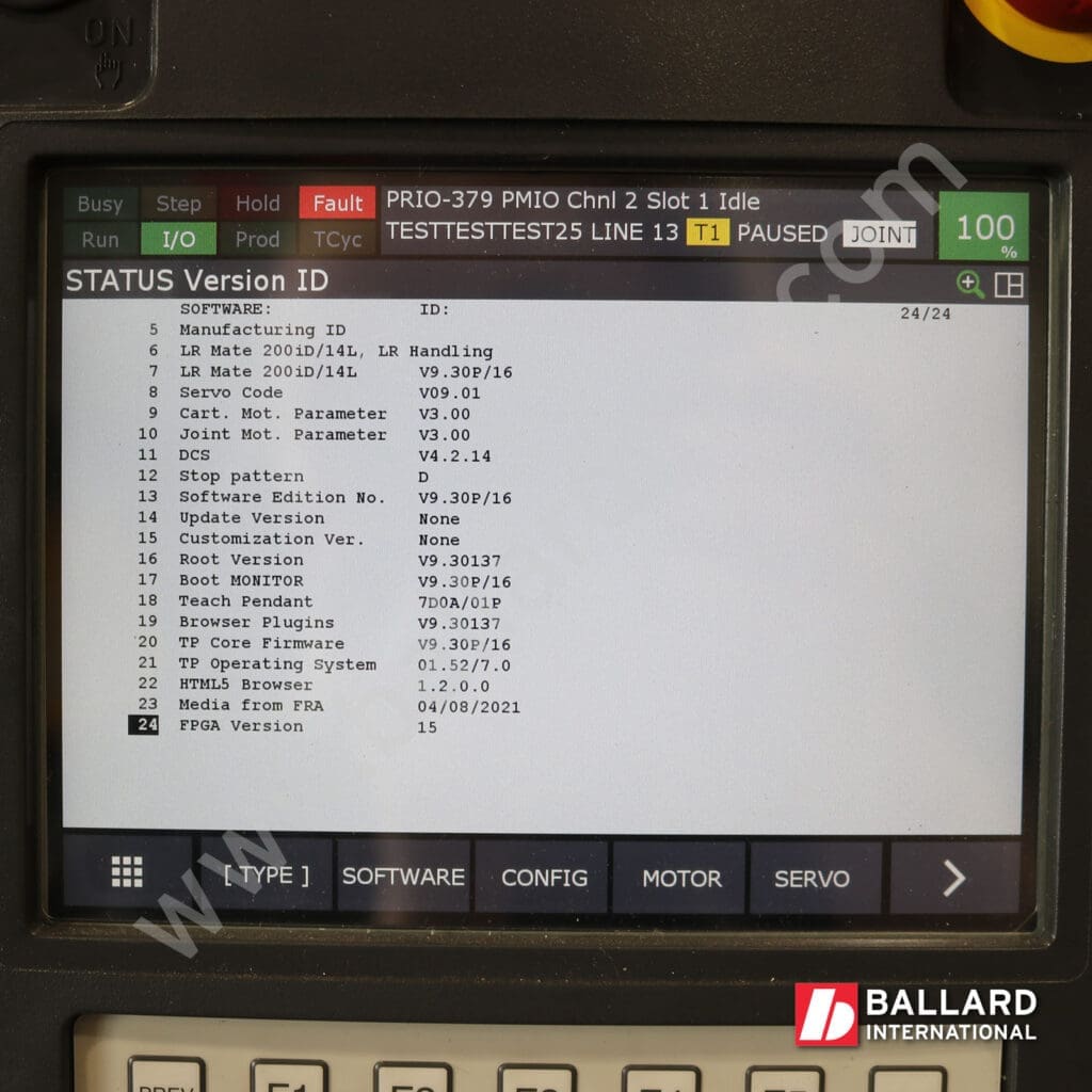 FANUC LR Mate 200iD/14L teach pendant under power LR HandlingTool software display of key software options for used industrial robot LR Mate 200iD/14L with R30iB Mate Plus Controller F262185